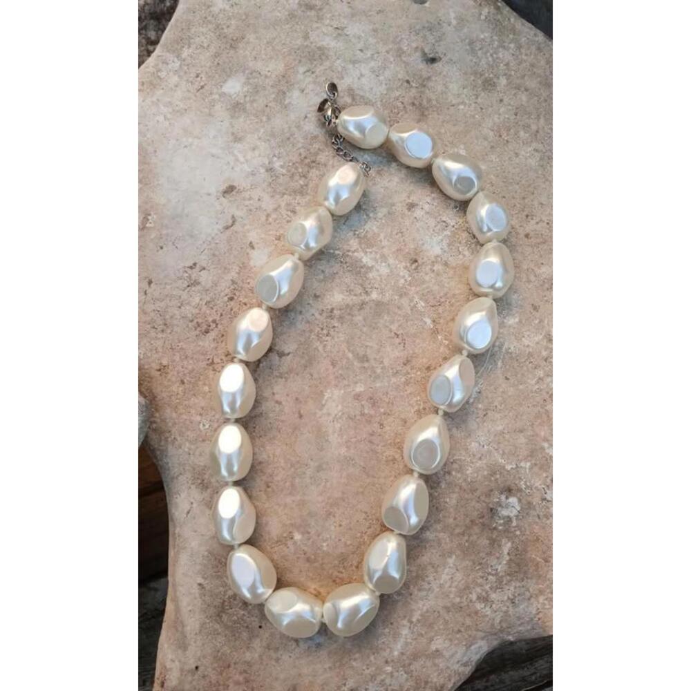 Lucas Lameth Knotted Chunky Glass Baroque Faux Pearl Necklace 925 Silver Signed